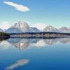 Jackson Lake and the Tetons reflected at sunset, Wyoming
